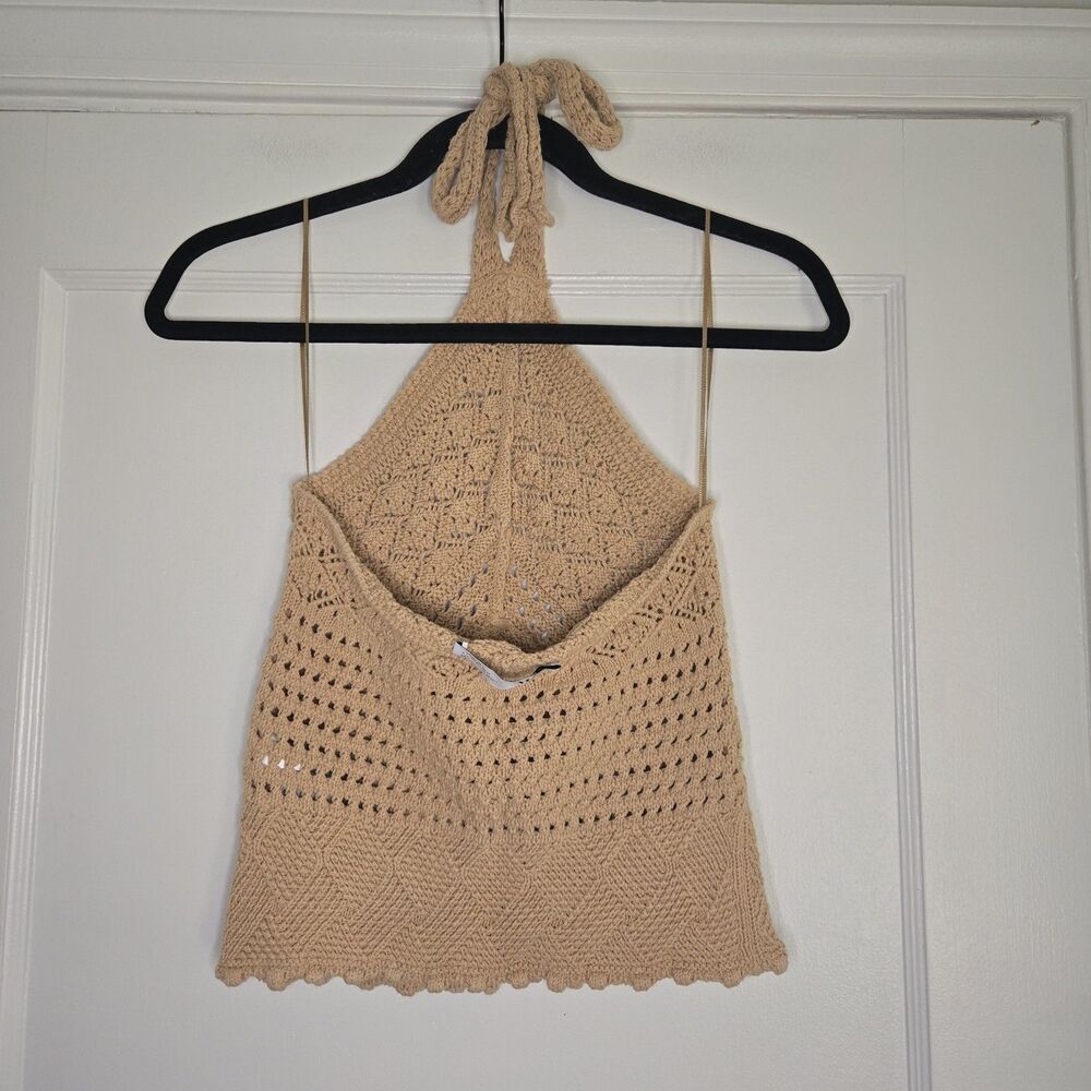 ZARA Crocheted Cotton Cropped Halter Top Tan Women’s M Boho Festival - Picture 3 of 6